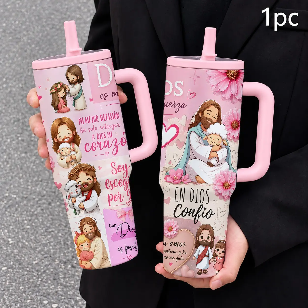 1PC 40oz Christian Faith Jesus & Lamb Thermal Tumbler with Handle & Straw, Pink Floral Inspirational Pattern Insulated Stainless Steel Travel Mug, Double Wall Vacuum, Leak-Proof Lid, Hot 12H Cold 24H, Religious Gift for Adults