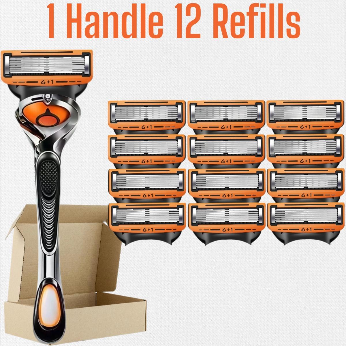 Men's Shaving Razor Set with 1 Handle and 12/24/36/48 Refills, Precision Trimmer, Stainless Steel Blades, Sealed Packaging