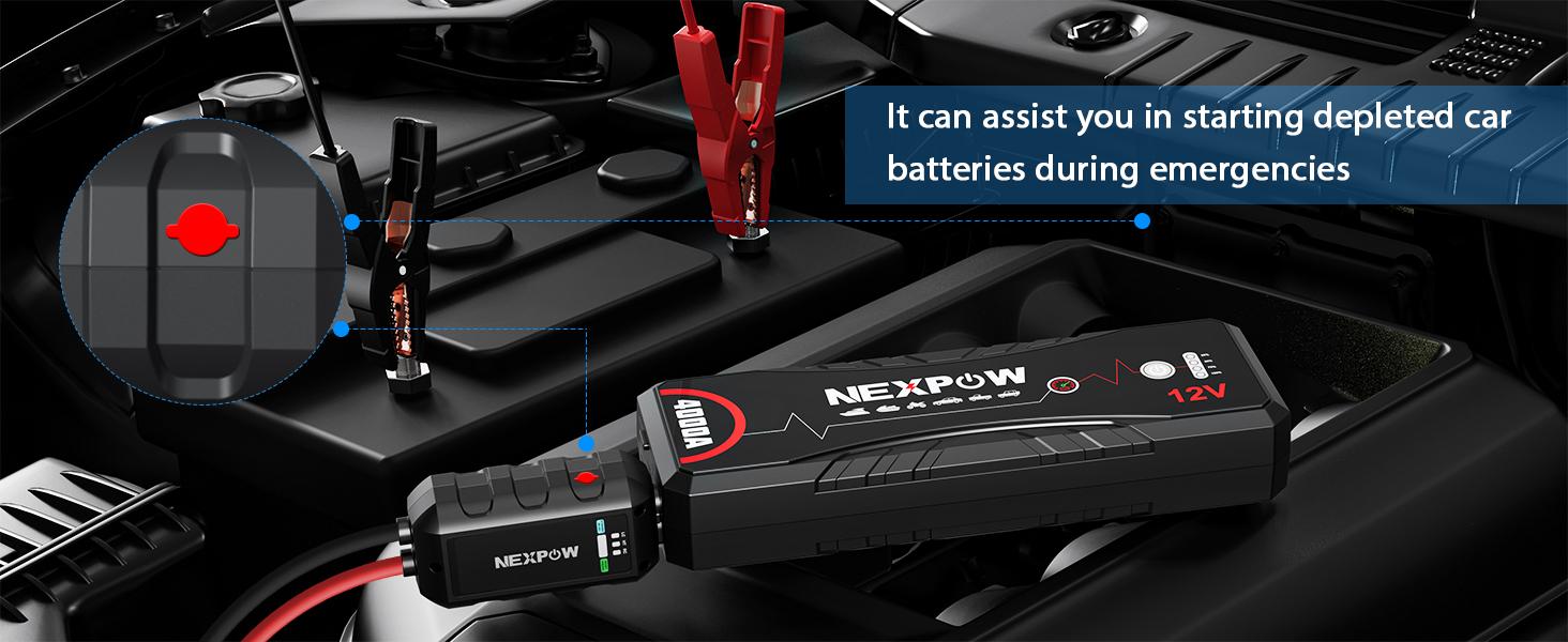 NEXPOW Car Jump Starter 4000A Car Battery Jump Starter Portable Pack for Up to All Gas and 10.0L Diesel Engine 12V Jump Box, Jump Pack, Battery Booster, Portable Jumper Cables with LED Light/USB QC3.0