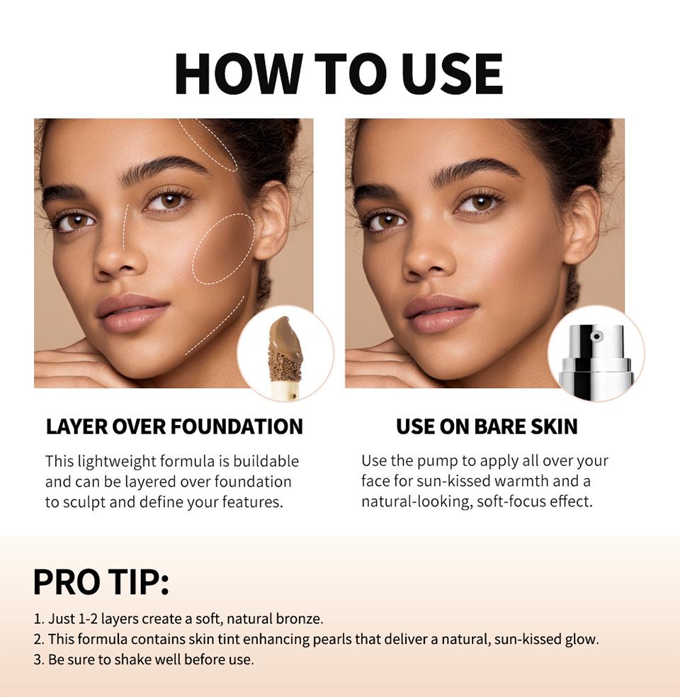 Available in 4 shades, all-in-one contouring and highlighting, liquid contouring, natural contouring, long-lasting contouring, with applicator brush, bronze contouring, dual-ended contouring