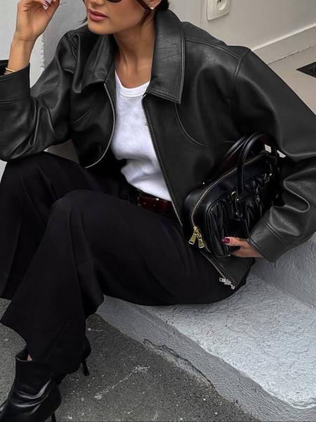 Women's Plain PU Leather Jacket, Casual Fitted Fall Outerwear Coat, Comfortable Moderate Fabric for Daily Wear & Office Use