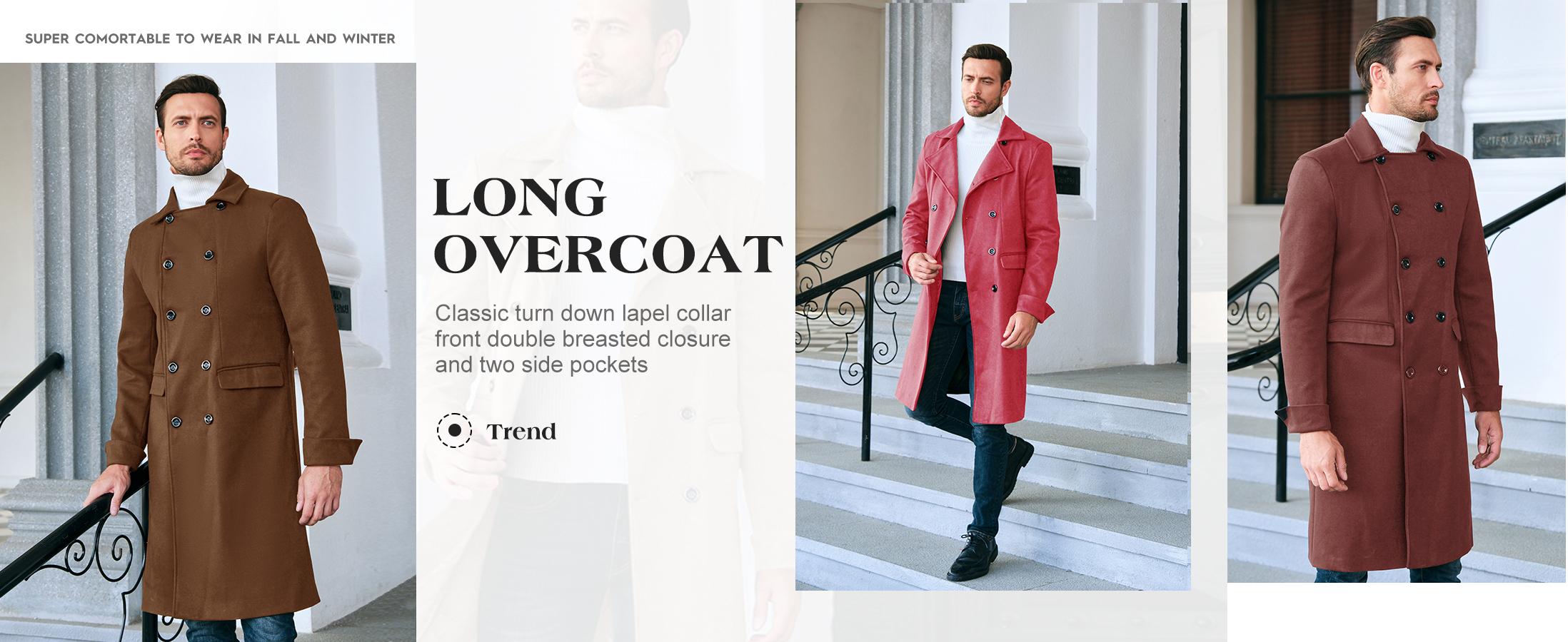 Runcati Men's Notch Lapel Double Breasted Long Trench Coat Casual Cotton Blend Peacoat