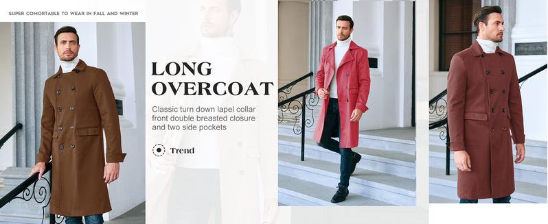 Runcati Men's Notch Lapel Double Breasted Long Trench Coat Casual Cotton Blend Peacoat