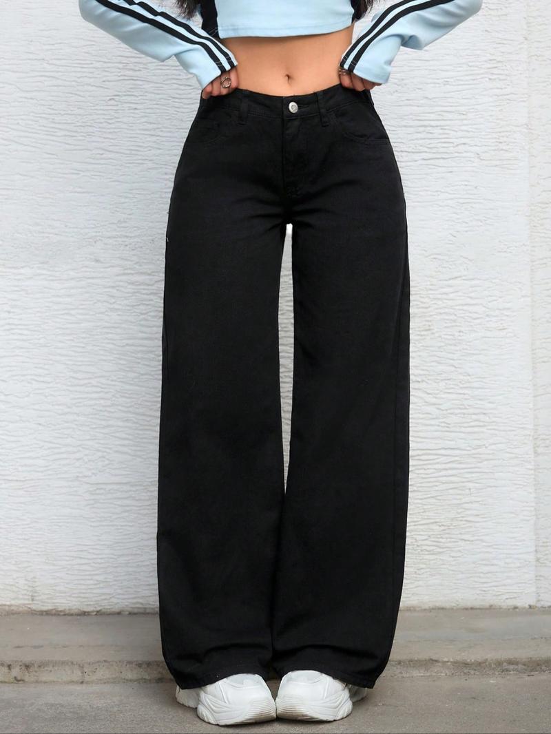 Women's Mid-Waist Wide Leg Straight Jeans, Trendy Coffee Casual Fashion, Zipper Fly, Pockets, All Seasons