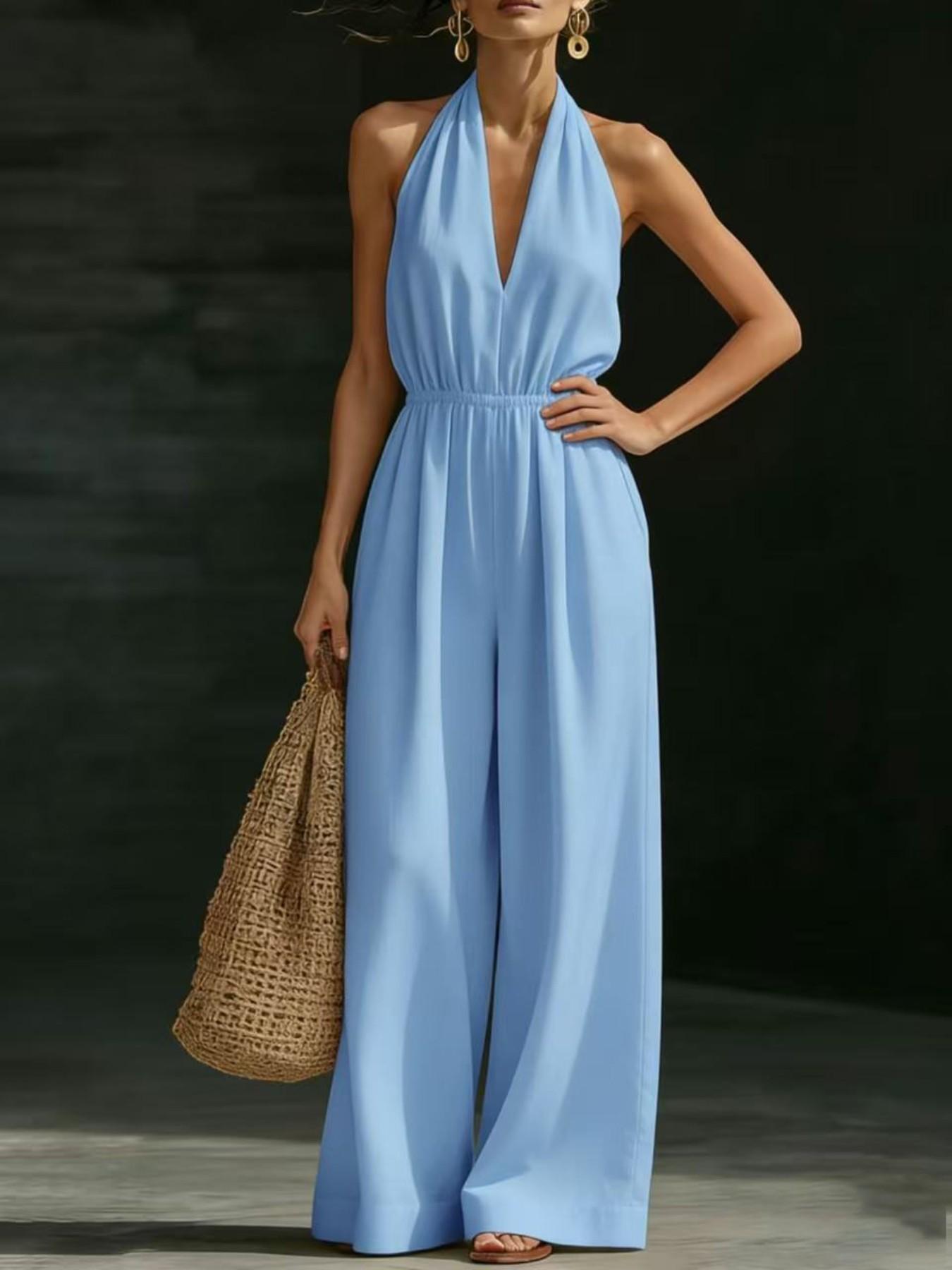 Women's V-Neck Halter Backless One-Piece Dress, Elegant Design, Fashionable Office Wear, French Style, Perfect for Daily Use