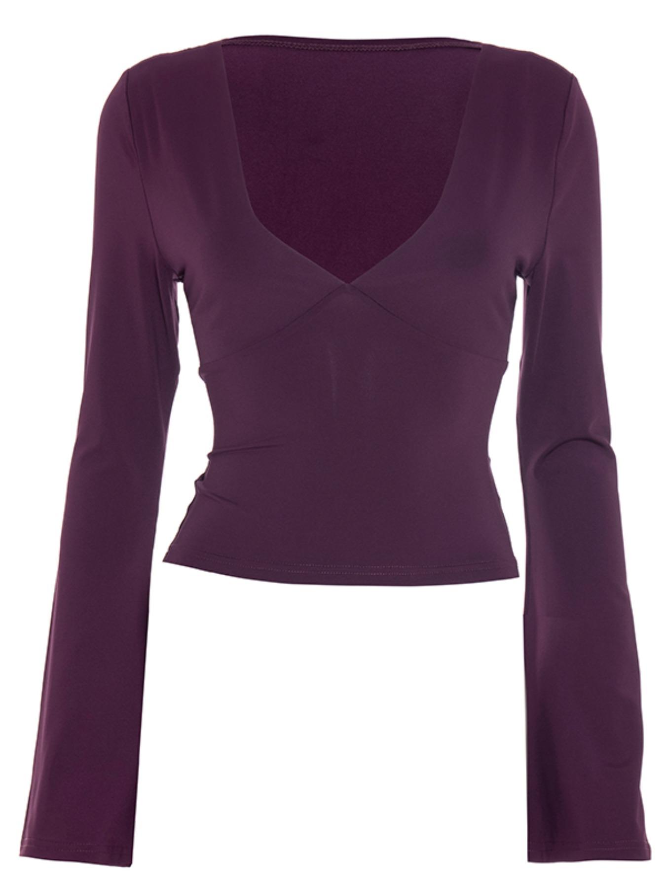 Women's Fashion Casual Solid Color Deep V Neck Flounce Sleeve Fitted T-Shirt Top, Comfortable Spring & Fall Wear, Versatile Ladies' Clothing Womenswear