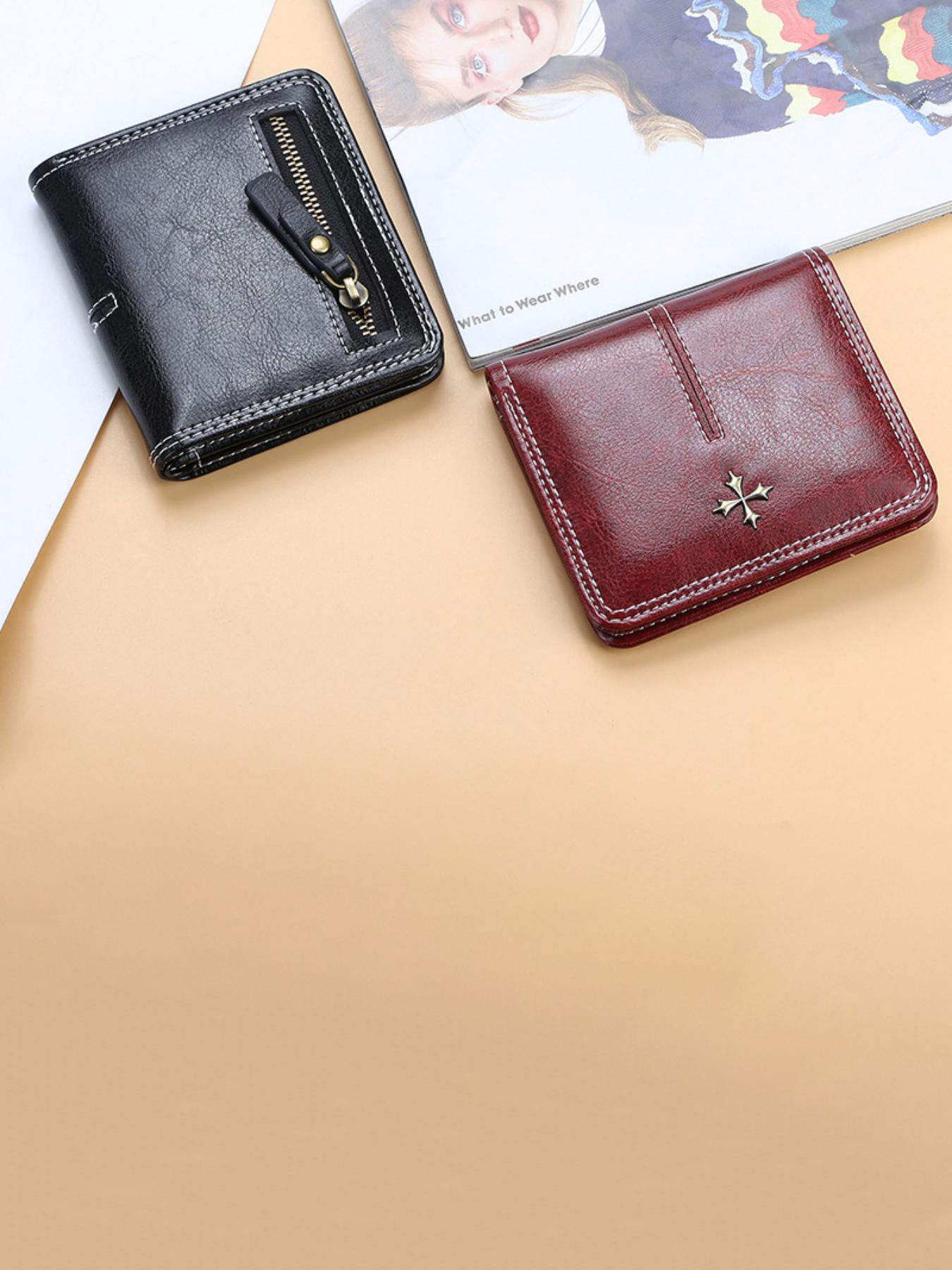 Women's Short Vertical Wallet, Vintage Fashion Style, Multiple Card Slots with Zipper Coin Pocket, Casual Daily Use Commuter Purse
