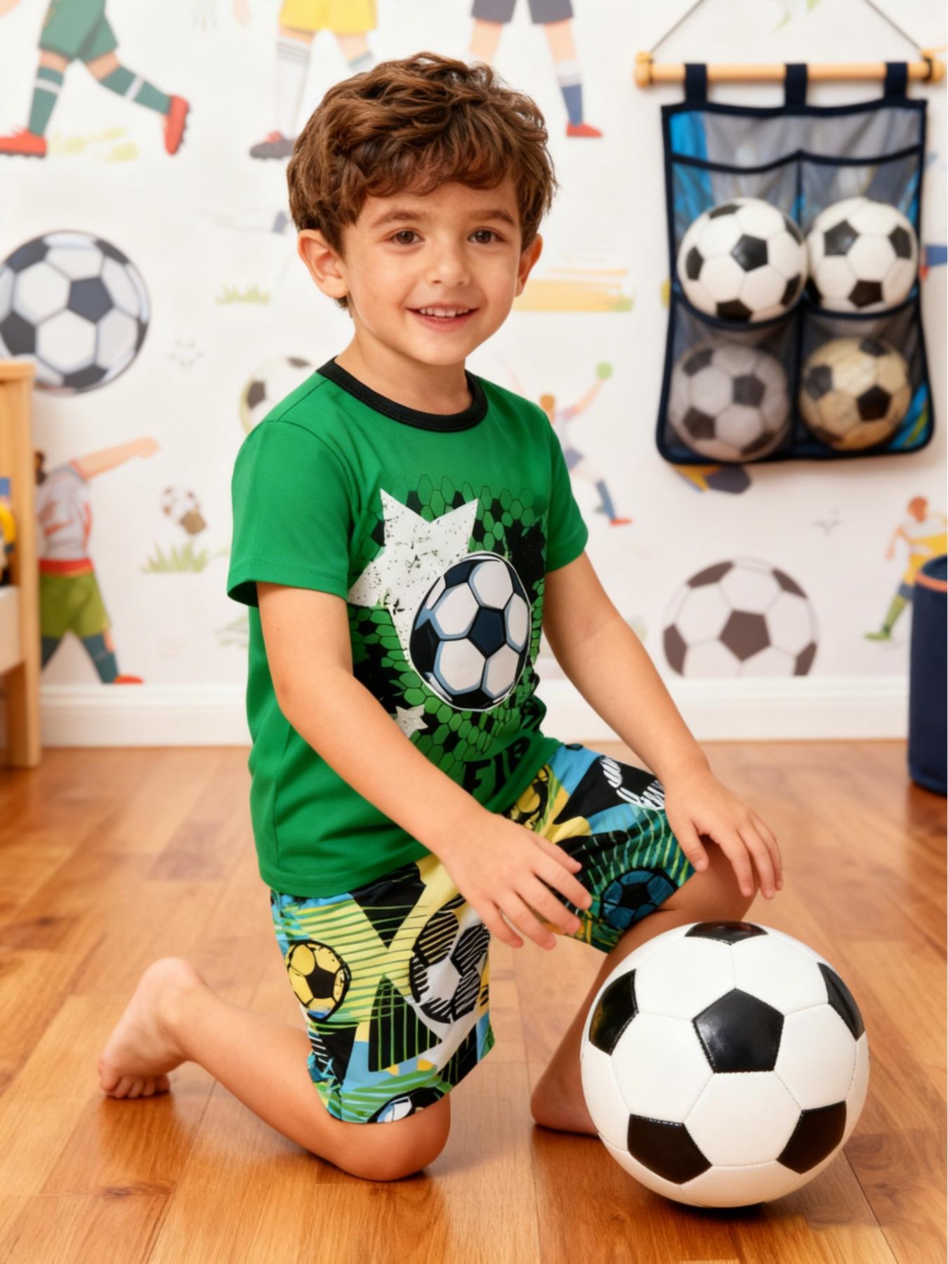 Boy's Junior Cartoon Soccer Print Short Sleeve Tee & Shorts PJ Set, Casual Comfy Round Neck T-shirt & Shorts PJ Set, Kids Sleepwear for Summer, Pajama Sets