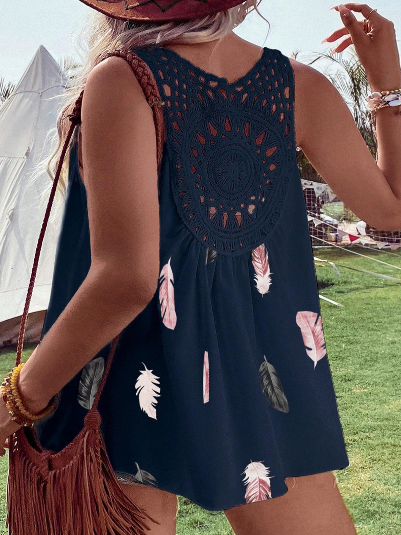 Plus Size Feather Print Hollow Out V Neck Tank Top, Plus Casual Fashion Sleeveless Top for Summer, Women's Plus Clothes for Beach Holiday Vacation Bohemian