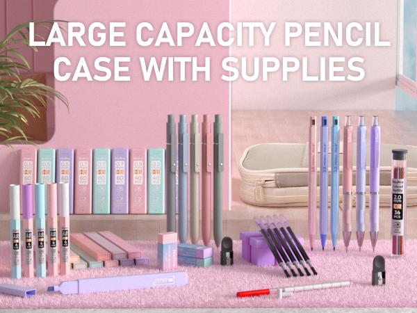Nicpro 50 Pack Aesthetic School Supplies with Pen Case, 5 Quick Dry Retractable Black Ink Pens, 12 Pastel Highlighters, 6 Pastel Mechanical Pencil Set 0.5 & 0.7 & 0.9 & 2.0 mm for Students Stationary