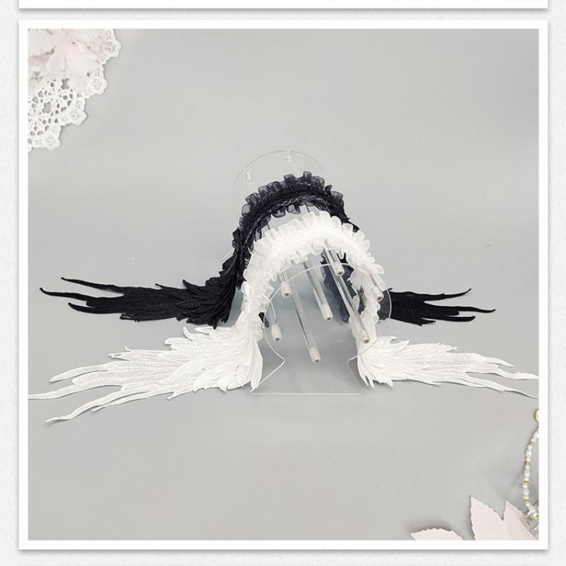 Dark Gothic Lolita Harajuku Hairband Angel Feather Wings Lace Trimmed Headpiece Black& white Lolita Wing Hair Accessories