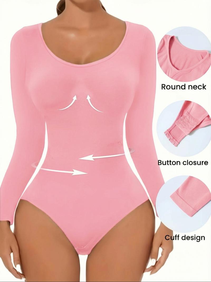 Women's Ribbed Abdomen Control Bodysuit, Long Sleeve Seamless T-Shirt, Comfortable Scoop Neck Bodysuit Stretchy Basic Tops, Fit Soft Elastic Fabric, Perfect for Daily Wear and Going Out, Shapewear for Fall&Winter