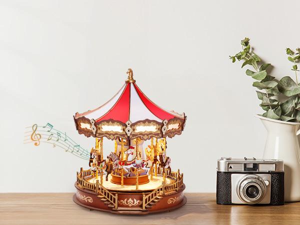 【Christmas Gift】Rolife Classic Carousel 3D Wooden Puzzle DIY Music Box Kit Create Your Own Musical Carousel Perfect Gift for Craft Lovers Birthday Christmas Anniversary Home Decor Idea Fun and Relaxing DIY Project for Adults and Teens Unique Wooden Puzzle