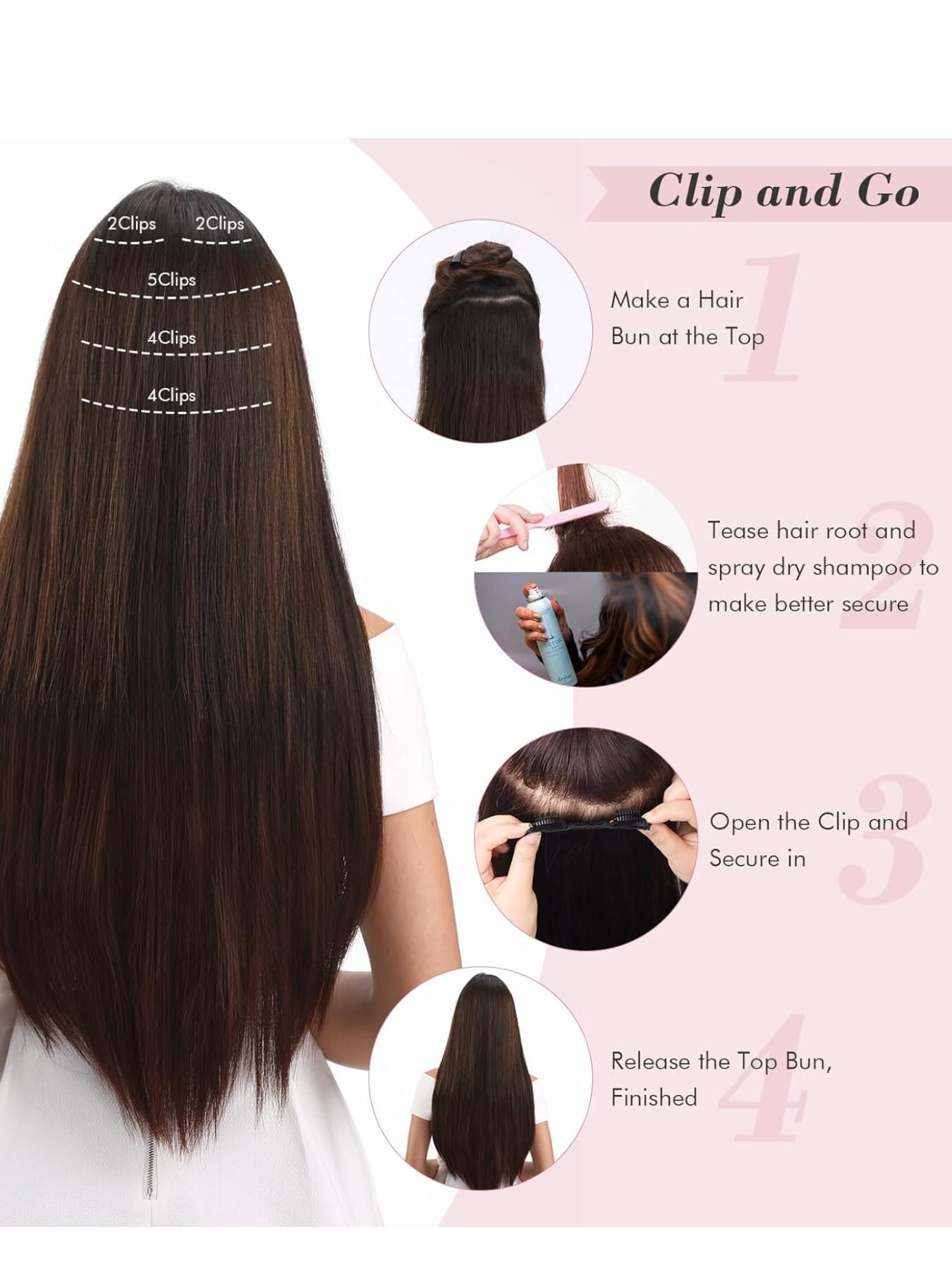 100% Human Hair Extensions, 14-24 Inches Natural Color, Invisible Clip-In Hair Pieces, Women's Hair Extension Set, Real Hair Clips, Straight Natural Hair