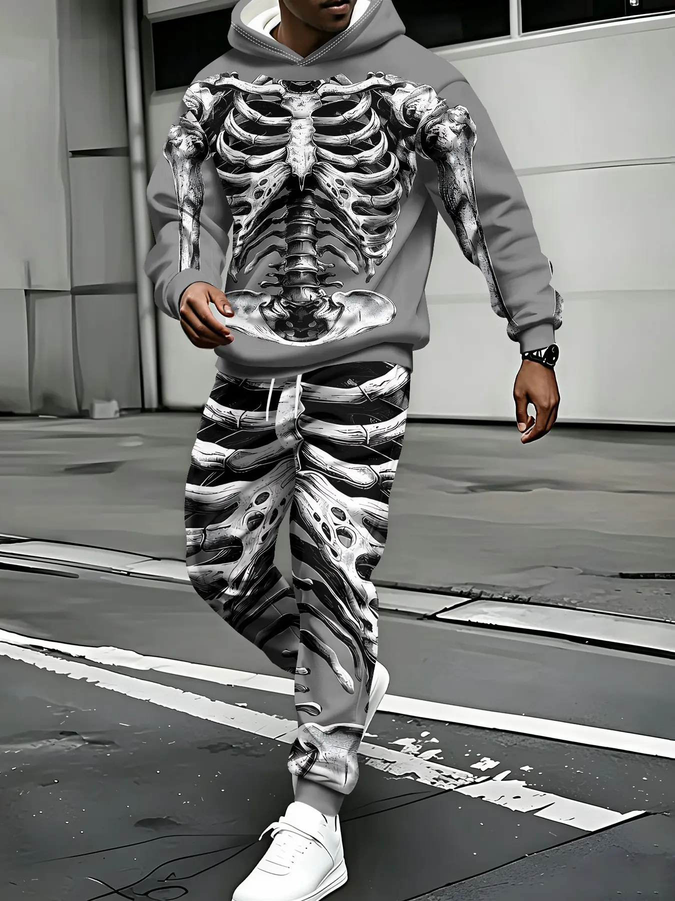 Men's 2-piece set: long-sleeve hoodie with digital print skeleton art pattern + drawstring casual trousers. Flat digital print with no concave-convex texture, versatile lazy-style daily casual outfit Casual Pants Set
