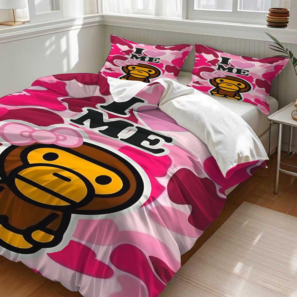 2/3Pcs Playful Pink Camouflage Duvet Cover Set, Decorative Duvet Cover, I Love ME Monkey Cartoon Bedding Set, Vibrant and Cozy Bedroom Decor, Perfect for Self-Love Vibe in Every Girl's Room!Includes 1 or 2 Pillowcase - No filling/Zipper Closure