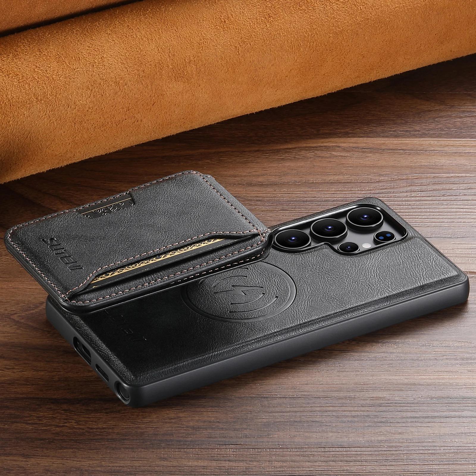 Magnet Wireless Charging Luxury Faux Leather Phone Case Card Holder Stand For Samsung Galaxy S26 Ultra S25 S24 S23 S22