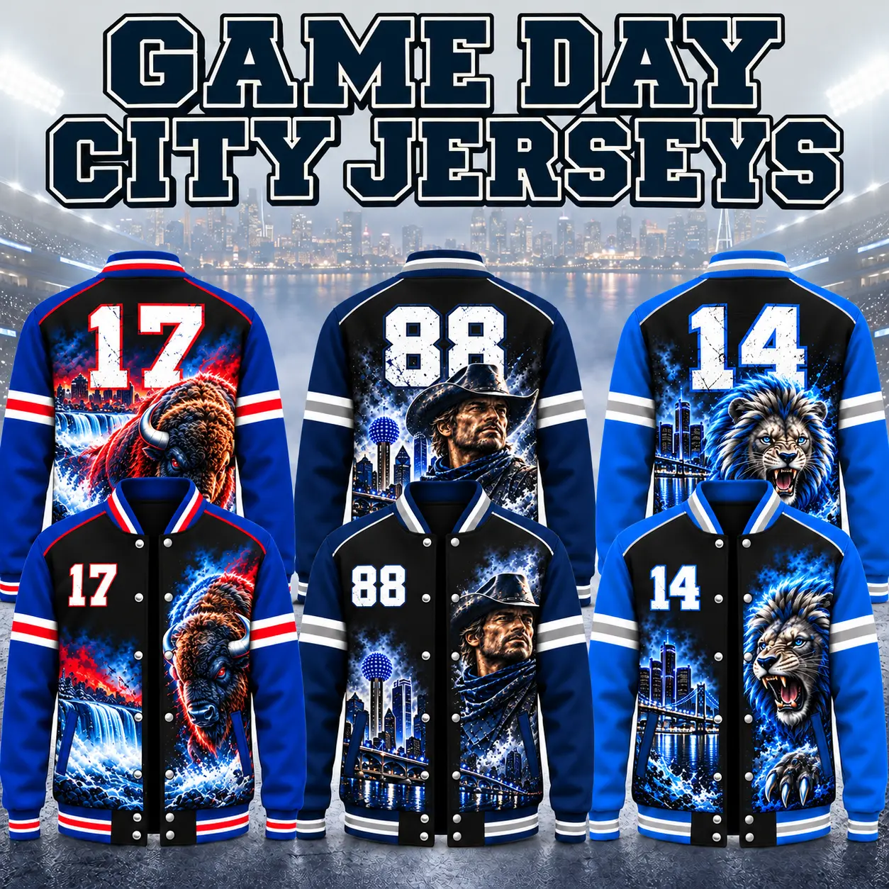 Vintage Game Day Graphic Varsity Jacket Unisex Men Women Football Jersey Number Sports Supporter Bomber Retro Mascot Skyline Snap Button Ribbed Collar Streetwear Relaxed Fit Long Sleeve Back Print Stadium Outerwear Fan Gift Couple