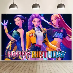 Demon Hunters Birthday Decorations, 5x3ft Demon Hunters Happy Birthday Banner Backdrop for Kids Birthday Party Supplies, Anime Theme Party Wall Decor, Photo Booth Background, Cake Table Decoration and Indoor Outdoor Celebration