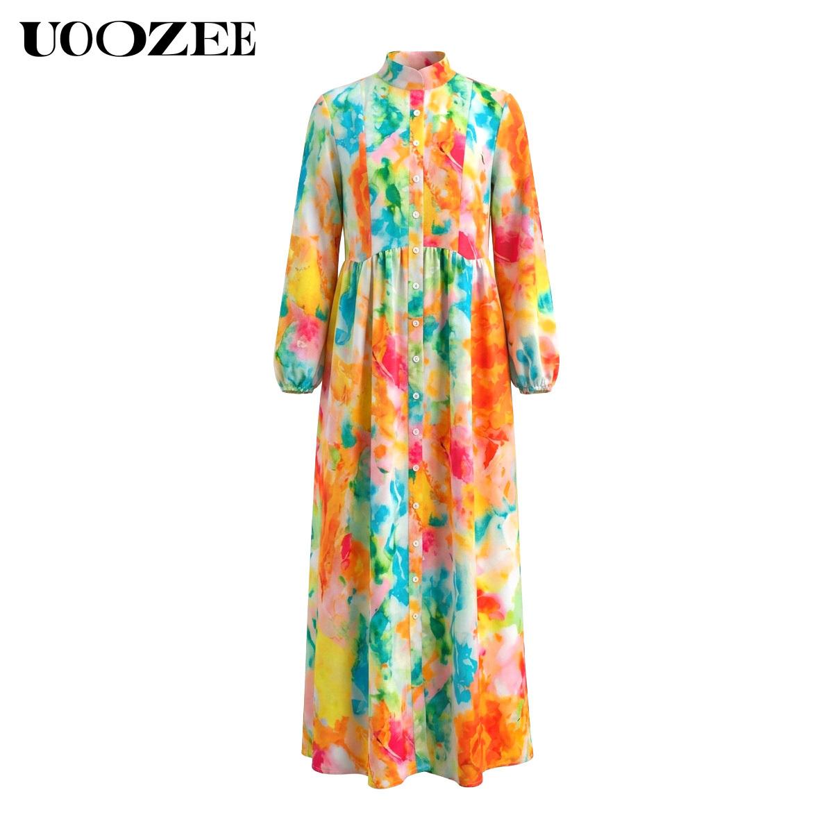 UOOZEE Women's Floral Print Long Sleeve Maxi Dress, Lightweight A-Line Style Polyester Shirt Dress with Pockets for Party, Elegant Dresses For Women