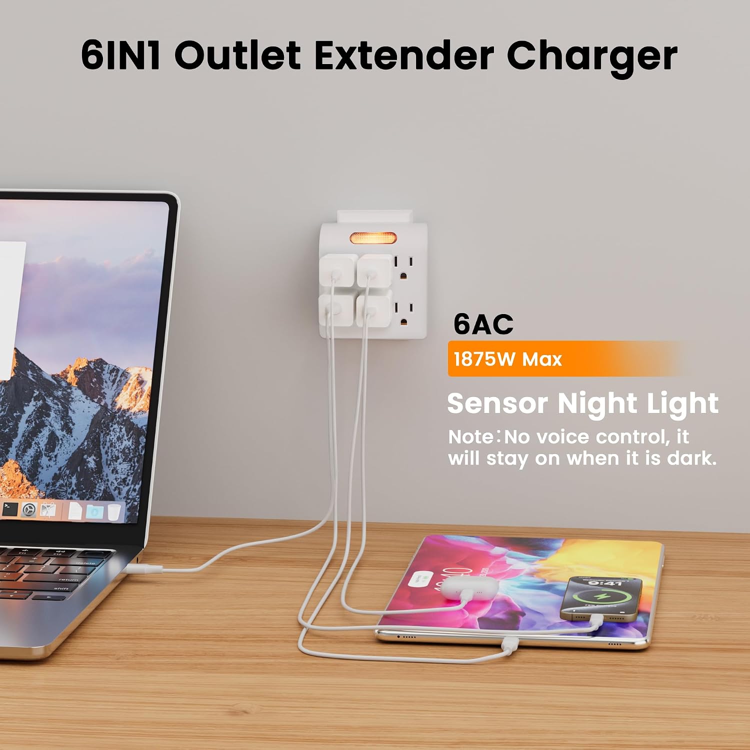 6-Outlet Extender, 3-Prong Grounded Wall Tap Adapter with LED Guide Light, 1875W Multiple Plug Electrical Outlets Splitter for , Office, Hotel, Travel, ETL Listed, Cruise Essentials, White