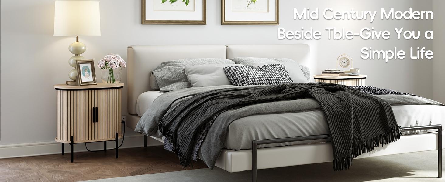 [SpringStatements] EBELLO Grooved End Table with Charging Station, Mid-Century Modern Nightstand, Entryway Cabinet for Living Room, Bedroom, Small Spaces, Walnut