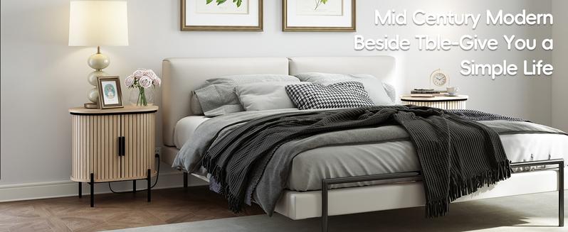 [TikTokShopBlackFriday] EBELLO Grooved End Table with Charging Station, Mid-Century Modern Nightstand, Entryway Cabinet for Living Room, Bedroom, Small Spaces, Walnut