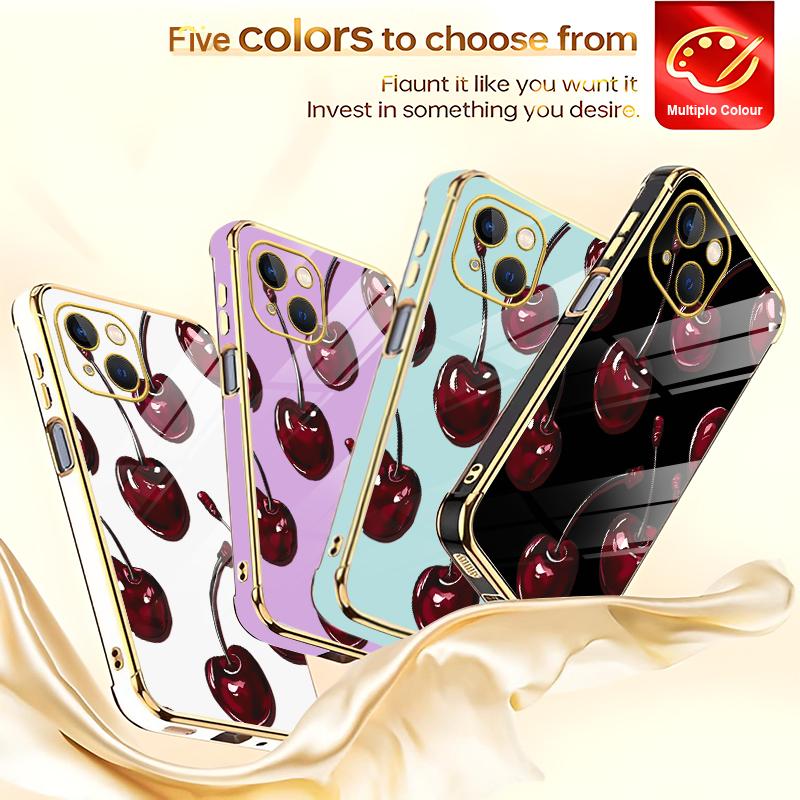 Vintage Cherry Coquette Phone Case, Glossy Dark Fruit Aesthetic, Gold Edges, Soft Cover for iPhone 15 — 975