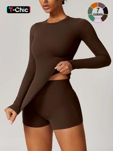 two-piece set women's solid long sleeve top & skinny shorts sports clothing set, sporty round neck top & high stretch shorts, ladies sportswear for indoor outdoor wear, athletic tracksuit, elegant gym outfits, yoga clothes set, workout running clothes