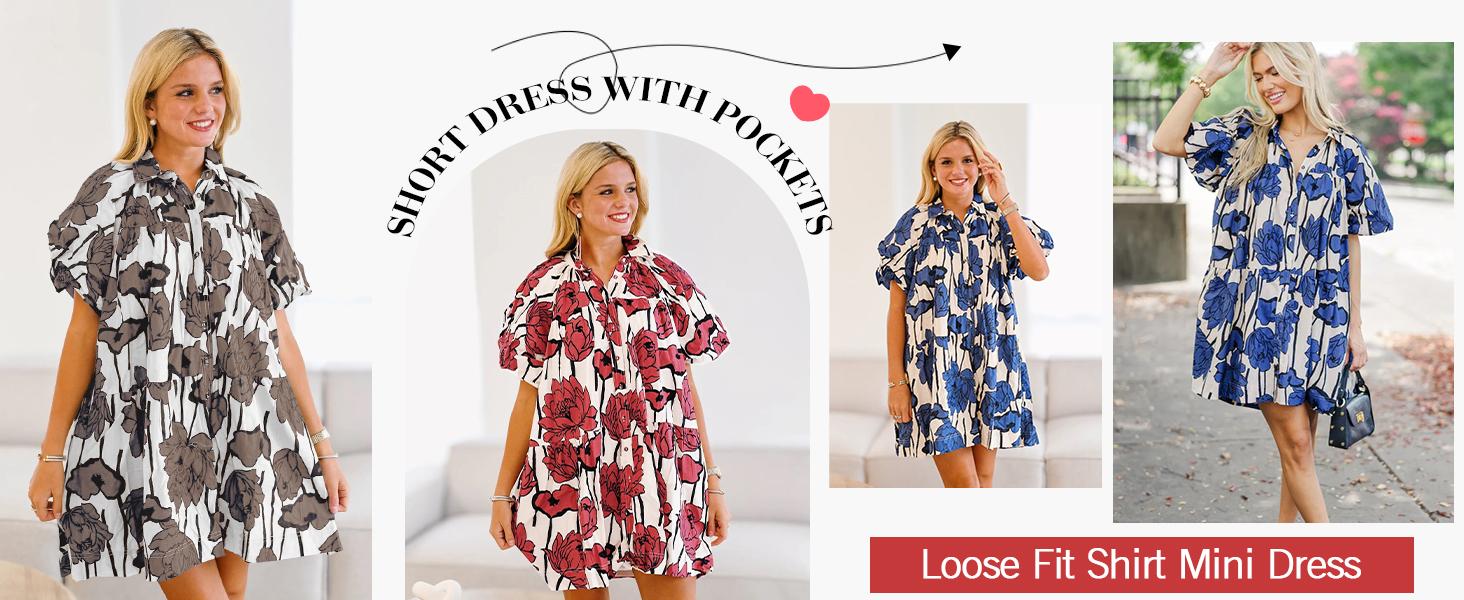 Wenrine Women's Summer Button Down Shirt Dress Floral Puff Short Sleeve Casual Loose Fit Beach Mini Dresses Wenrine Women's Summer Button Down Shirt Dress Floral Puff Short Sleeve Casual Loose Fit Beach Mini Dresses