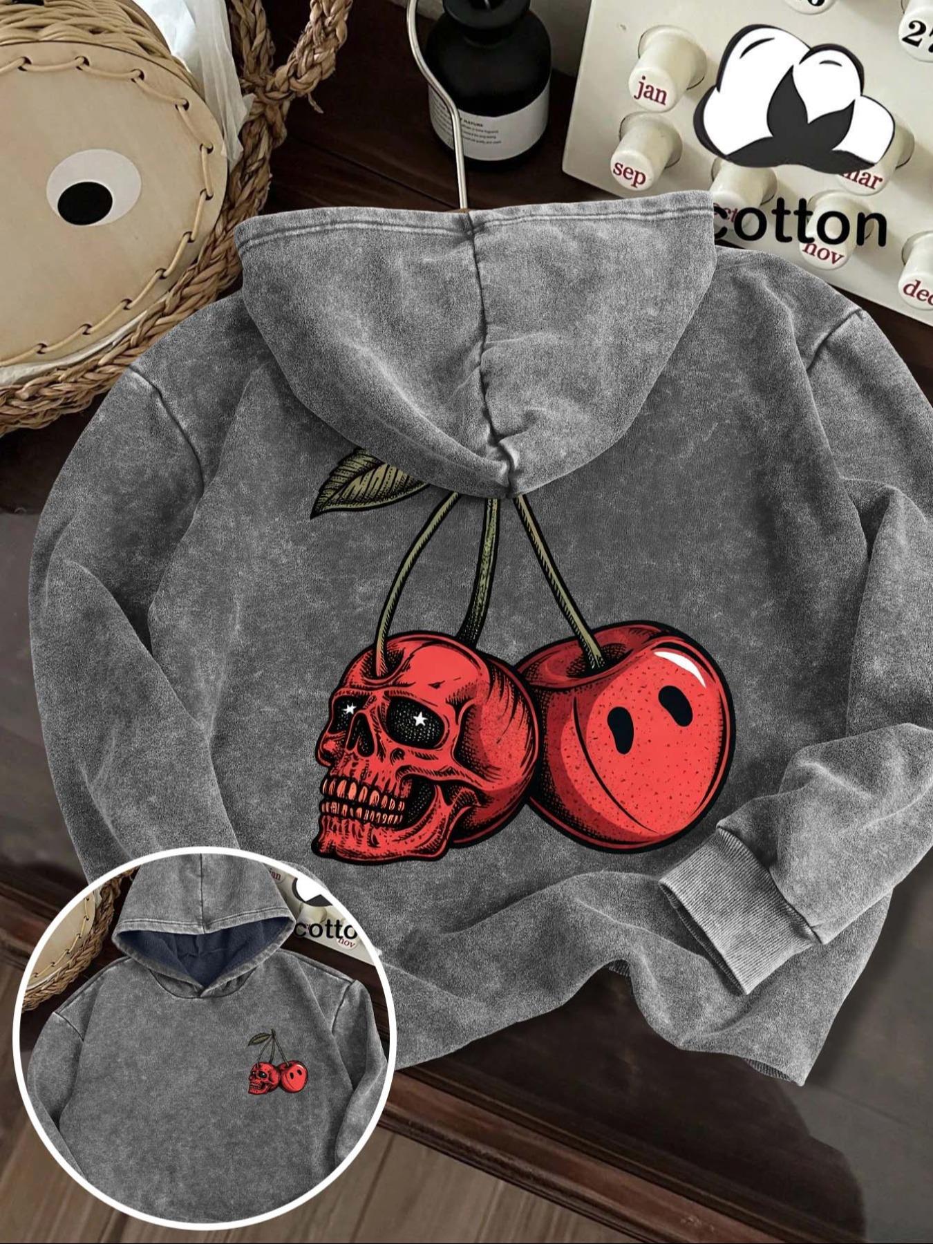 Women's Halloween Cherry Skull Graphic Print Hoodie, Fitted Casual Long Sleeve Sweatshirt, Vintage Wash Cotton, Fall & Winter Fashion