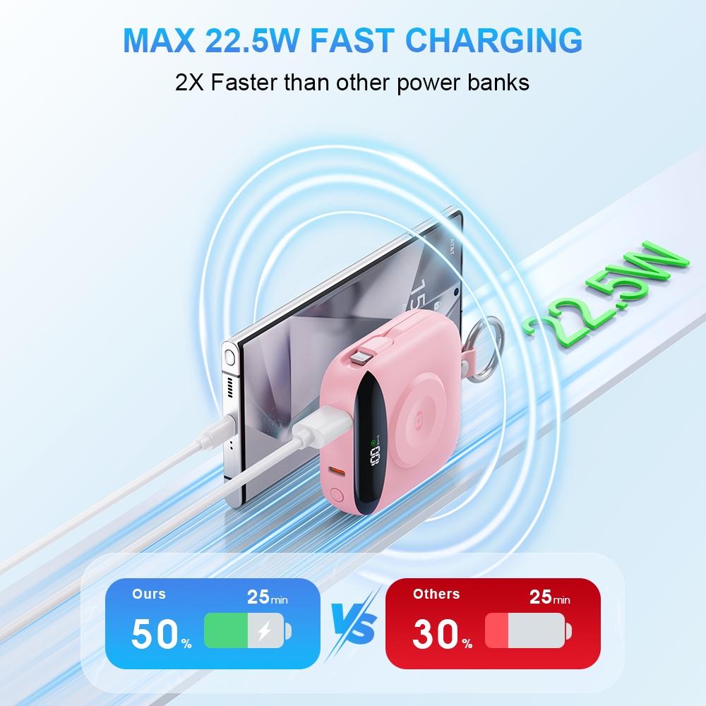 10000mAh Mini Wireless watch charger with Digital Display & Finger Ring Stand, PD20W Fast Charging Battery Pack for iPhone 15/14/13/12/11/Pro/Pro Max, Samsung Android Phones, Includes Type-C and iOS Cables
