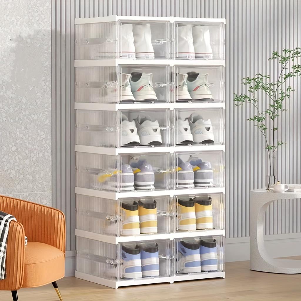 3-Tier Foldable Shoe Storage Cabinet, Clear Stackable Shoe Organizer with Flip Doors for Sneakers, Closet & Entryway
