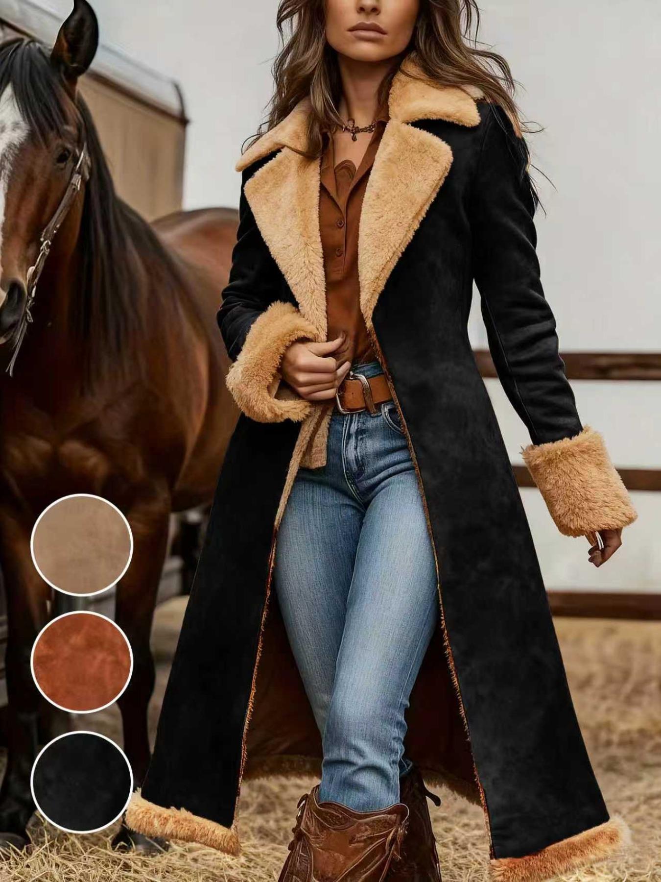 Women's Fleece-Lined Deer Skin Coat Jacket Fall Winter New Elegant Long Sleeve Button Mid-Length Outdoor Commute Party Wear