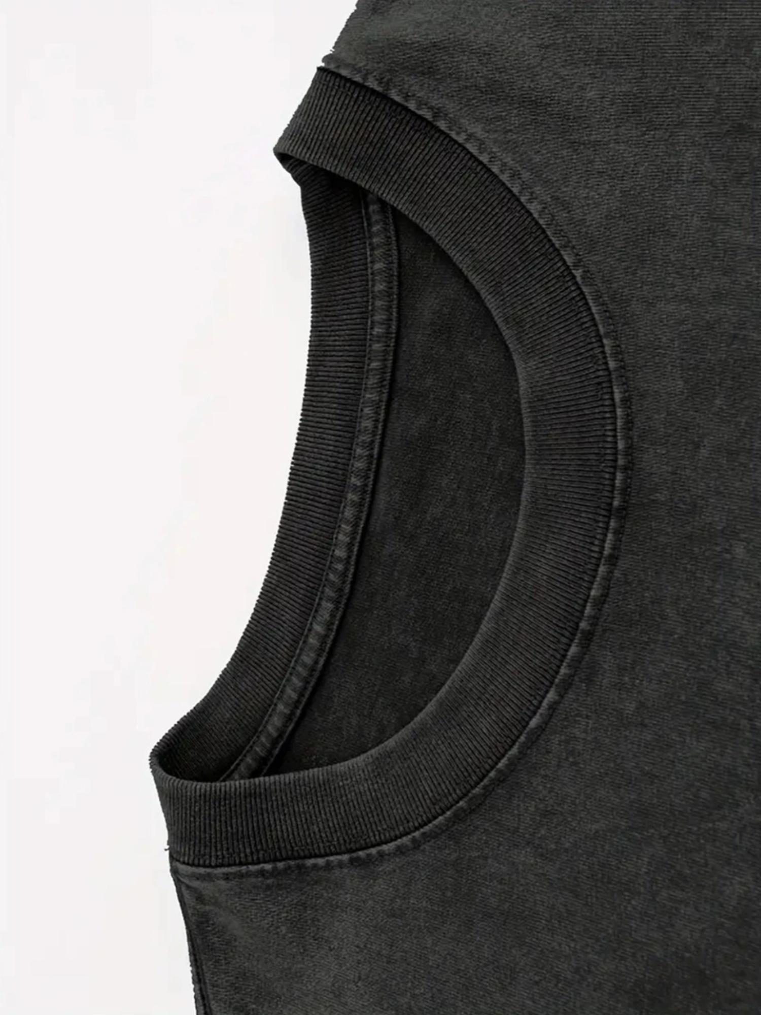 Men's Vintage Heavyweight Pure Cotton Washed Distressed Solid Black Basic T-Shirt - Casual Round Neck Short Sleeve T Shirts, Menswear Top, Plain Clothes