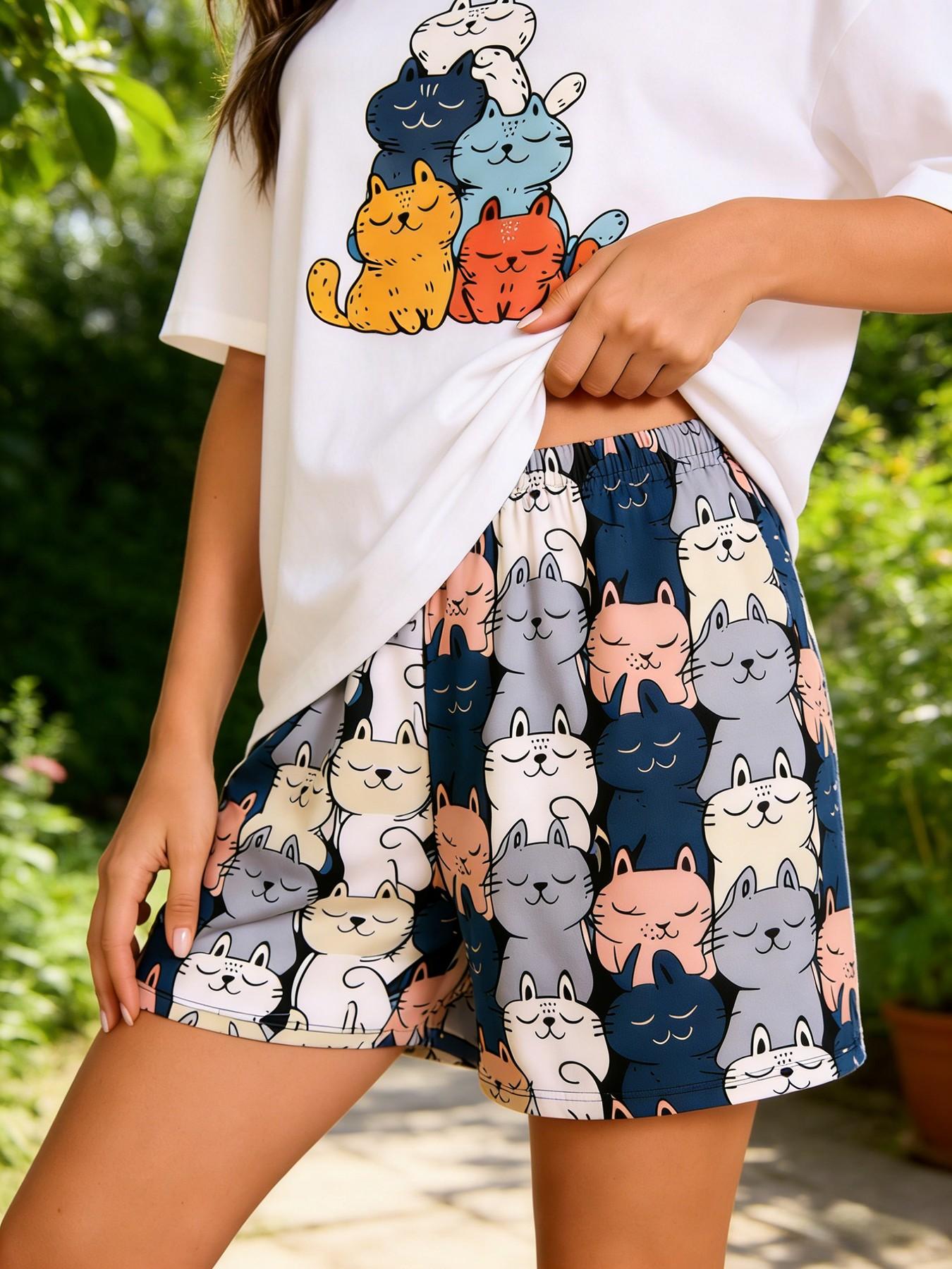 Women's Cute Cat Print Lounge Shorts, Casual Elastic Waist Pajama Bottoms, Soft Cartoon Graphic Sleep Shorts for Home Wear, Daily Relax & Loungewear