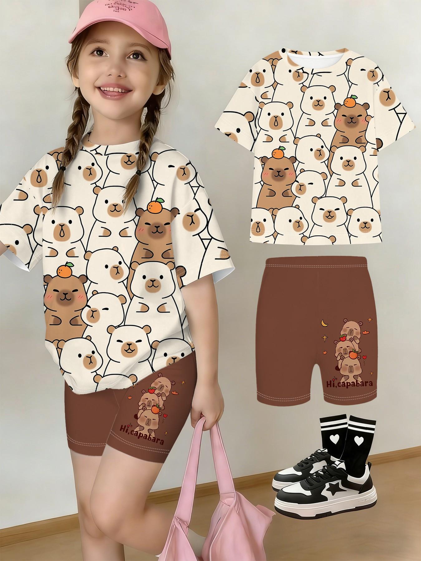 Girls' Summer Capybara Series T-Shirt and Shorts Set, Full Print Cartoon Design, Casual Streetwear, Perfect Gift for Kids, Outdoor Wear