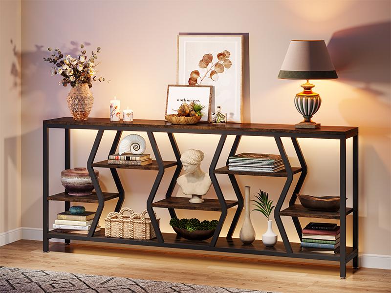 LITTLE TREE 70.9 Inches Sofa Console Table with 4 Tier Wood Storage Shelves, Industrial Extra Long Narrow Entryway Accent Tables for Hallway, Living Room, Foyer