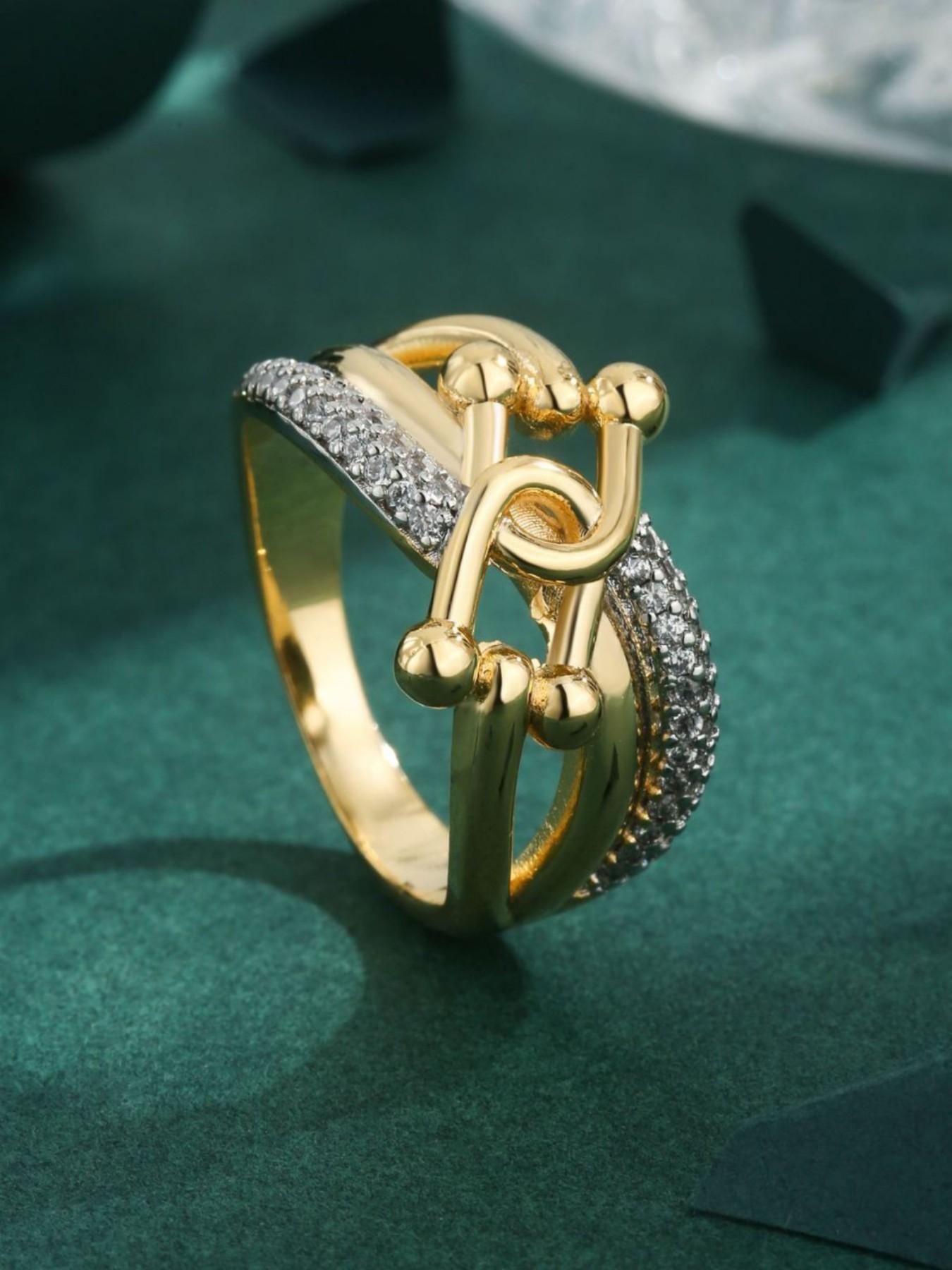 Cool Interlocking Horseshoe Ring, Bright Zircon Studded, Stackable Rings Women's Jewelry, Sizes 6-10, Casual Style
