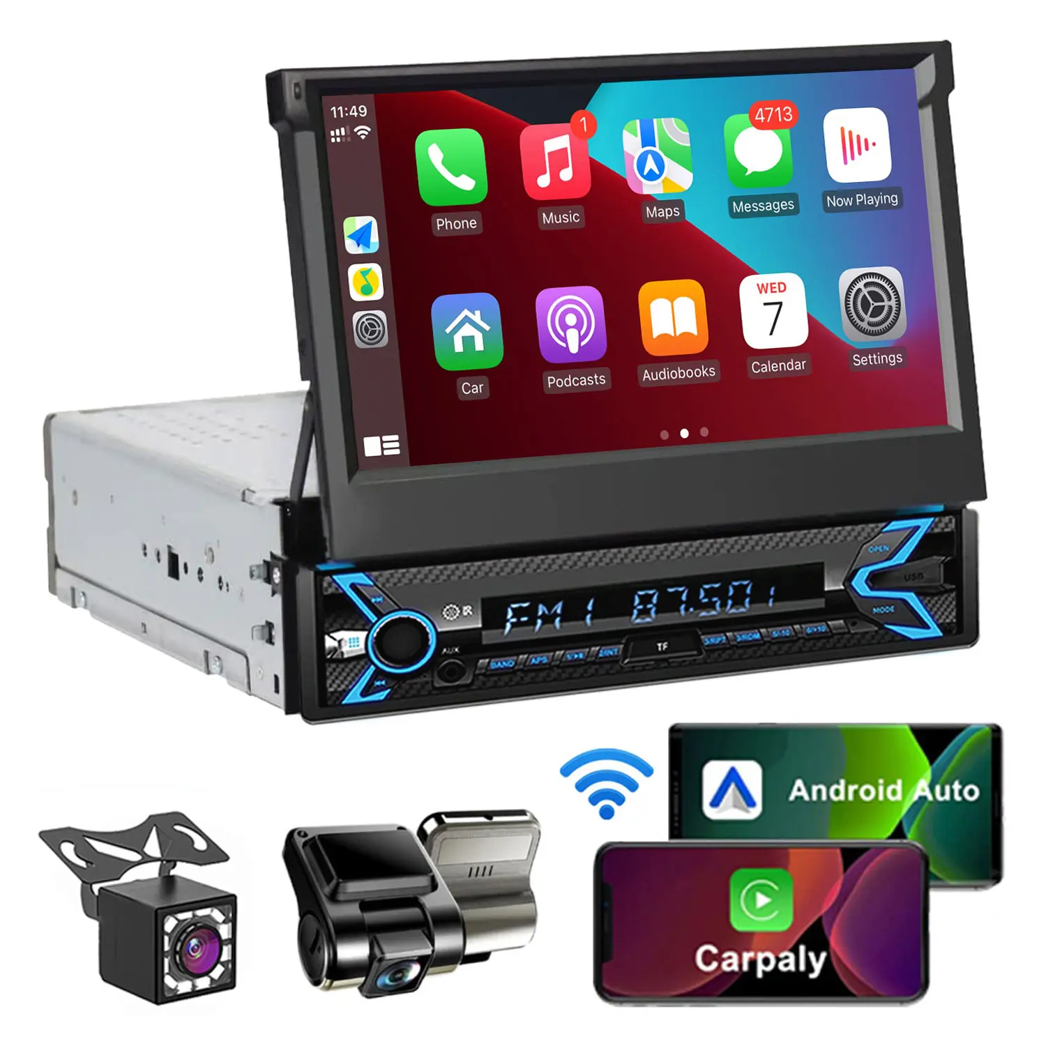 7 Inch  Flip Out Car Stereo Single Din Touchscreen Car Radio Support Carplay & Android Auto, with Dash Cam & Rear View Camera Mirror Link TF/USB/AUX Input