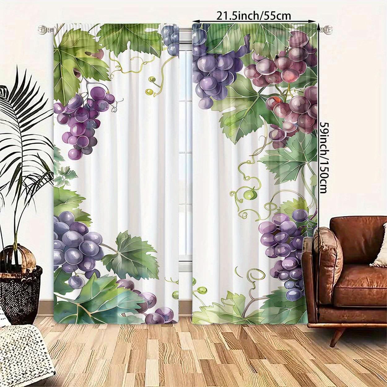 2 piece set, polyester grape pattern printing, high definition digital printing, filter curtain, rod bag design, suitable for bedroom, living room, office, home decoration, modern style, brushed fabric, machine washable, art theme, no tether, no fading