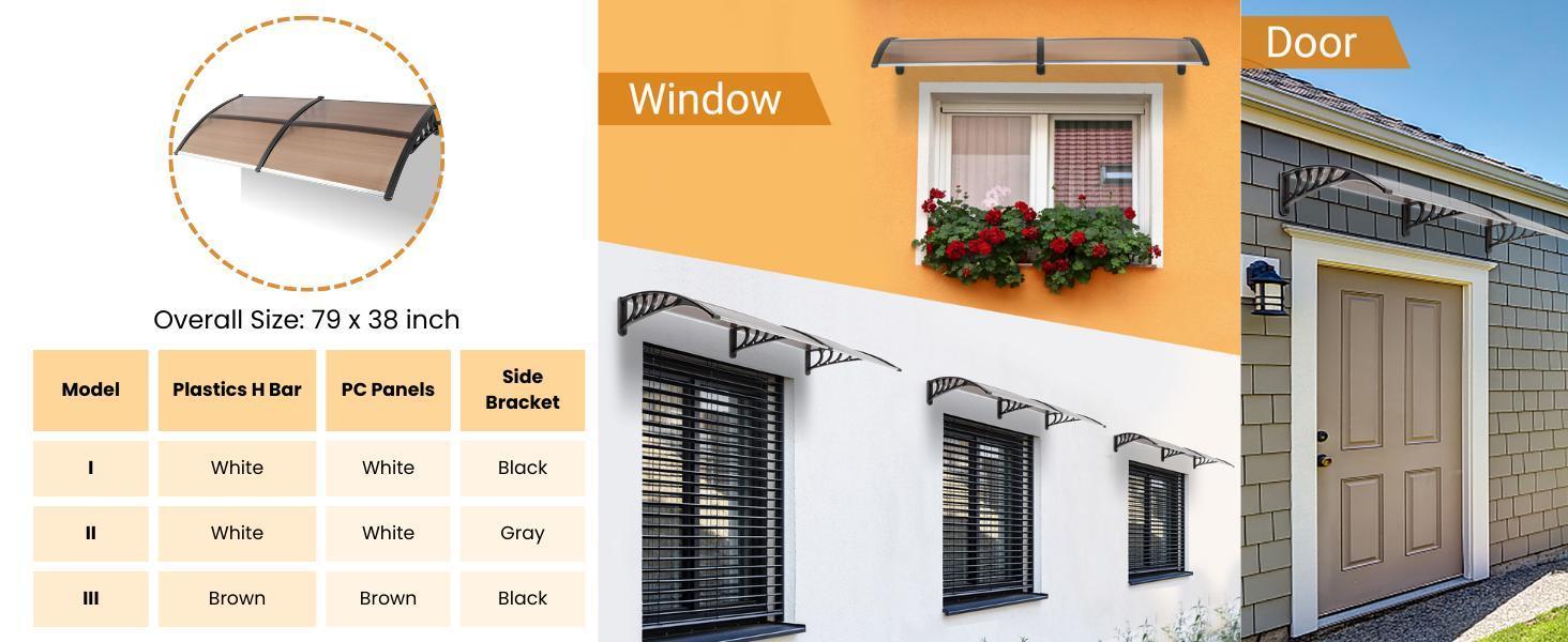 【Summervibes】Karlhome Anti-UV Awning, Door Awning, UPS 50+Polycarbonate Cover Front Door Outdoor Patio Awning Anti-UV Rain Snow Sun Protection Hollow Core Panel Window, High Quality ABS and Polycarbonate Material