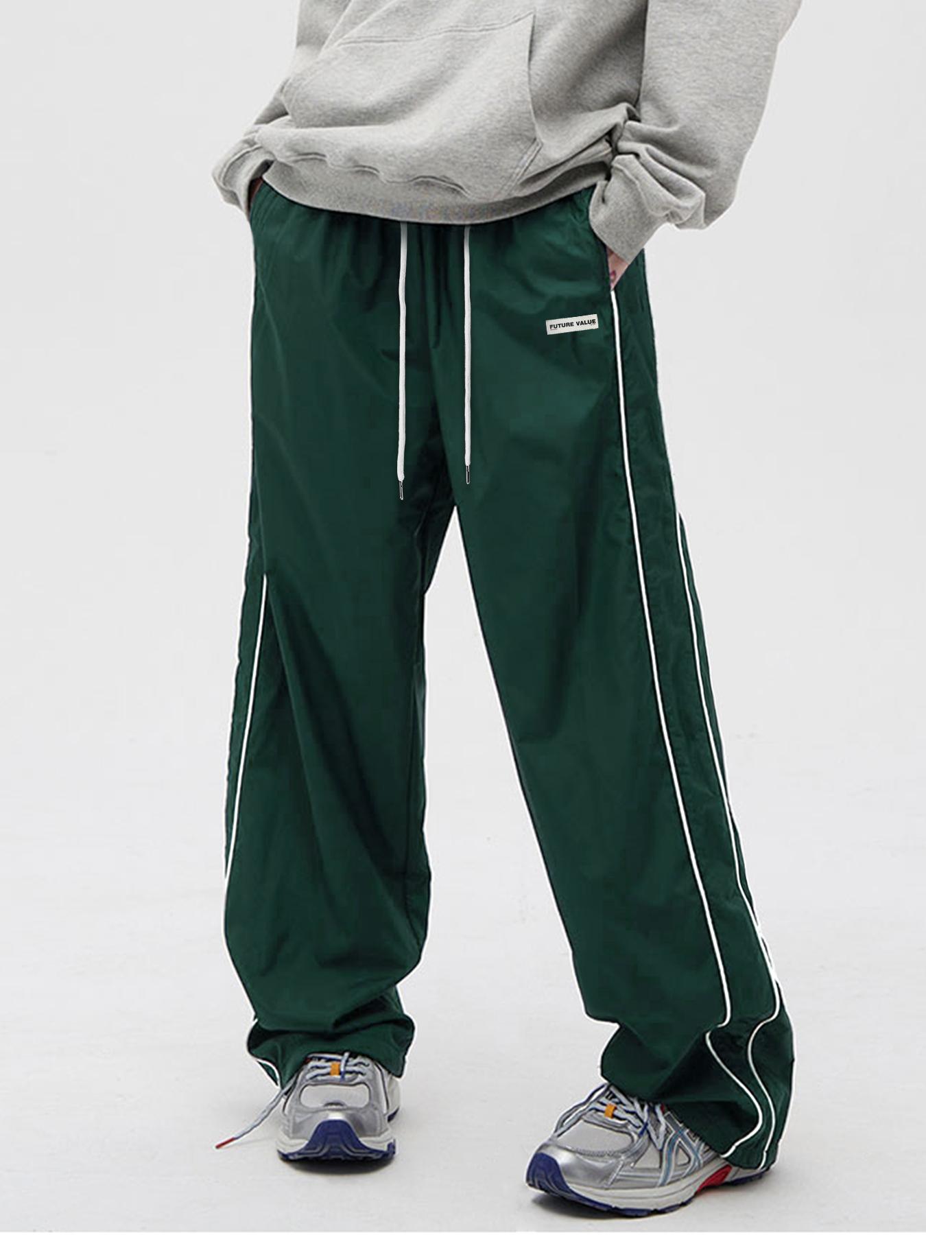 Men's Side Stripe Drawstring Waist Straight Leg Pants, Casual Pocket Letter Patched Trousers for Fall & Winter, Loose Menswear, Drippy Outfits