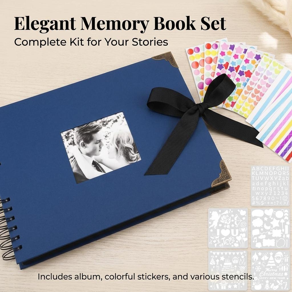 Spiral-Bound DIY Scrapbook Kit, Hardcover Photo Album with Ribbon Closure, Complete Set with Stickers & Stencils, Personalized Memory Journal for Weddings, Travel, Birthdays and Anniversaries
