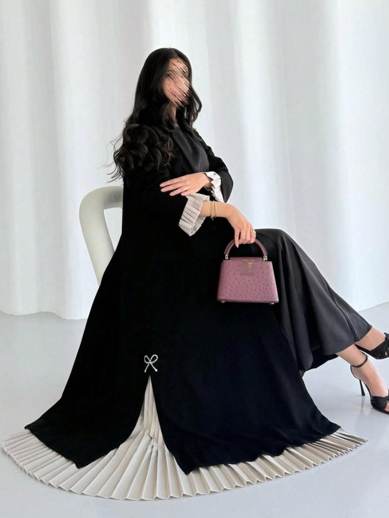 Commute Party Pleated Patchwork Abaya, Pearl Bow Loose Fit Long Outer Robe, Muslim Luxury Women's Clothing, All Seasons
