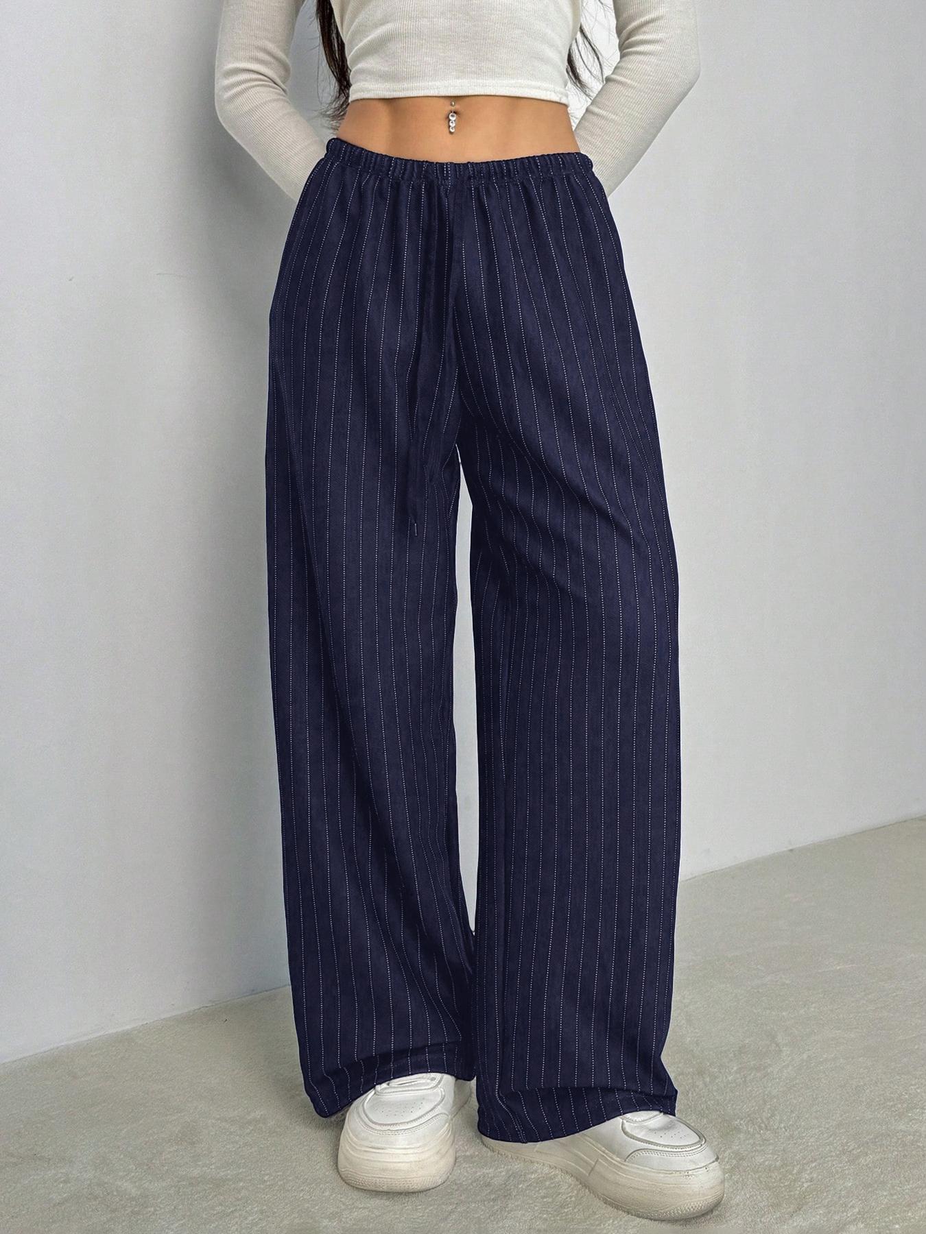 Women's Stripe Print Woven Wide Leg Pants, Casual Comfy Trousers for Daily Wear, Ladies Bottoms for All Seasons