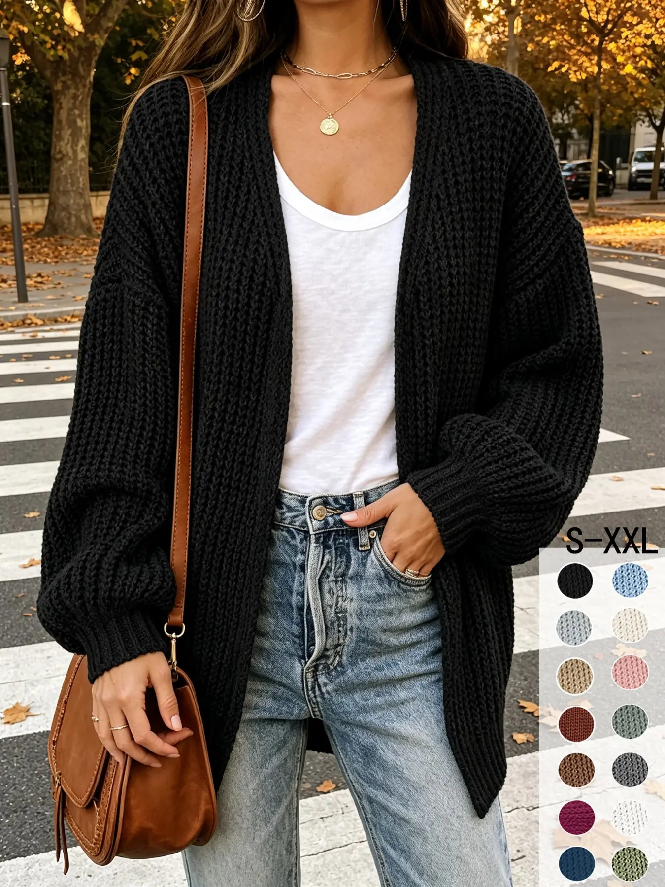 Women's New Fall Winter Chunky Knit Medium-Length Cardigan, Vintage Thick Texture, Oversized Loose Fit, V-Neck, Bubble Sleeves, Street Style