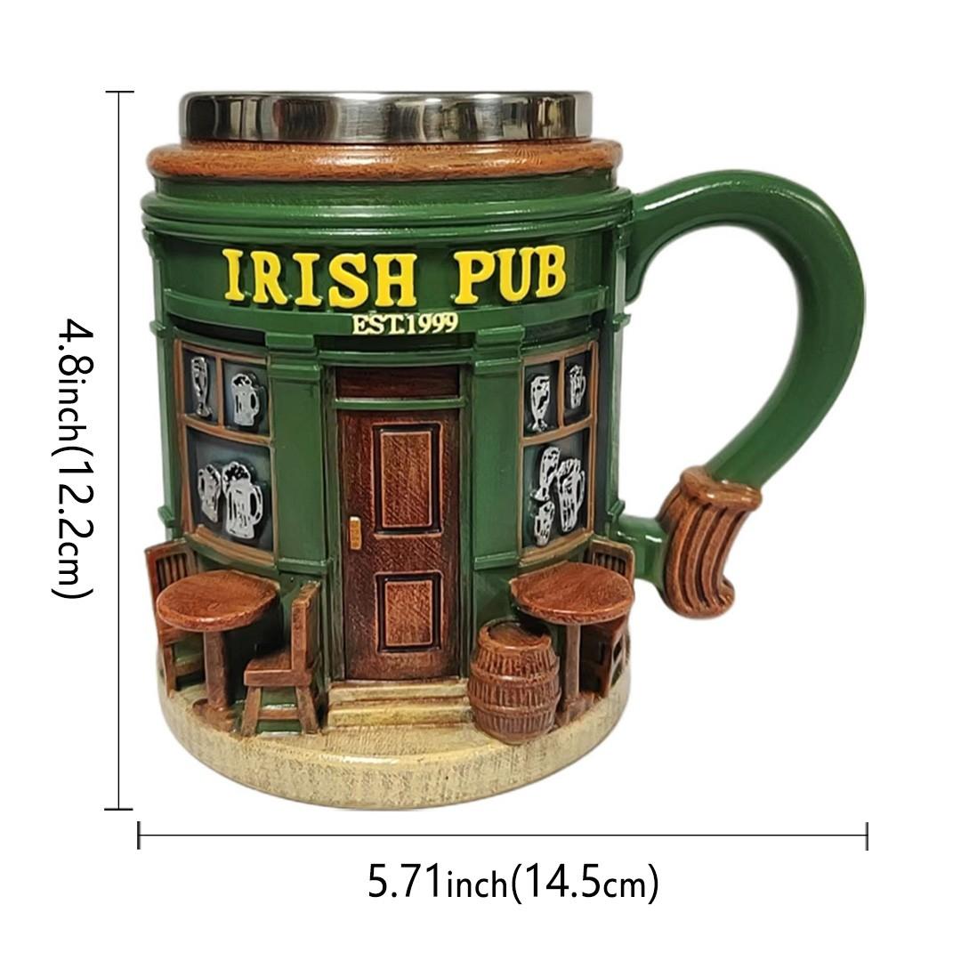 Irish Theme Tree Mug, Stainless Steel & Resin, Clover Pattern, Durable Tea Cup, Ideal for Irish Bar Decor, Moving Gift, St Patrick's Day Present