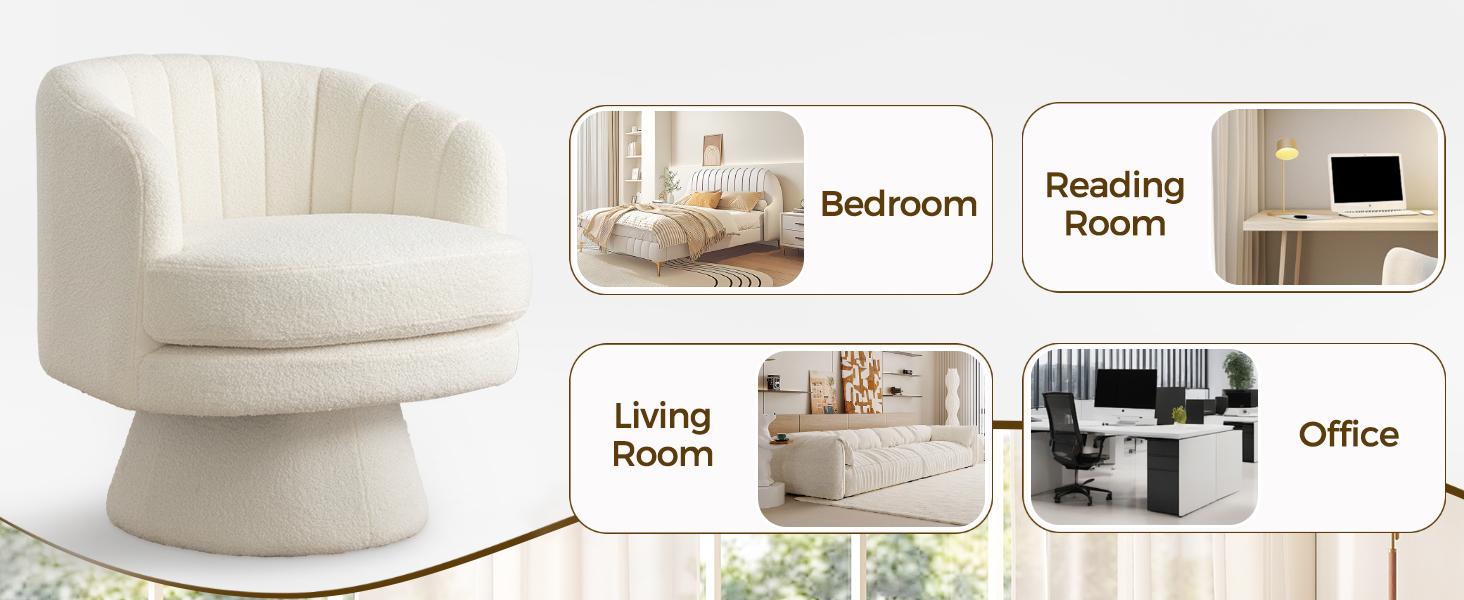 [SpringStatements] Ebello Beige Swivel Chair, Modern and Comfortable Versatile Wool Chair, Comfortable Round Armchair, 360 Degree Rotating Bucket Chair, Suitable for Living Room, Bedroom, Office