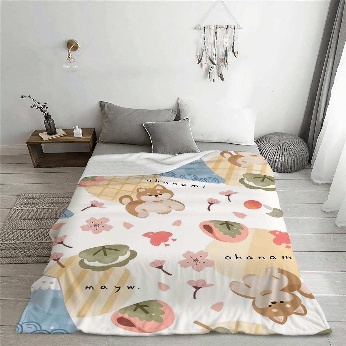 Cute Puppy Cherry Blossom Print Blanket, Soft Skin-Friendly Portable Throw, Ideal for Bedroom, Sofa, Office, Outdoor, Gift